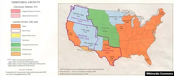 Территориальные приобретения США в годы президентства Джеймса Полка (обведены лиловой линией)