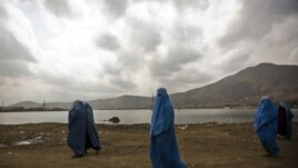Burqa-clad women walk along a road in Kabul, where women continue to struggle for their rights.