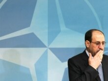 Belgium -- Iraqi Prime Minister Nuri al-Maliki at a press conference at NATO headquarters in Brussels, 17Apr2008