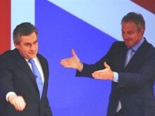 U.K. -- Gordon Brown (L) after being confirmed leader of Labour Party is congratulated by Tony Blair during the Labour Party Leadership Conference in Manchester, 24Jun2007