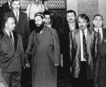 Tajikistan/Peace talks – (from left to right) Head of the governmental delegation Shukurjon Zuhurov, head of the United Tajik Opposition Sayed Abdullo Nuri, and Otakhon Latifi, member of the oppositional delegation,delegation members and journalists,Islam