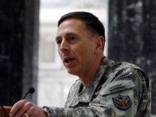 Iraq -- New U.S. military commander in Iraq General David Petraeus speaks during the hand over ceremony at the U.S. military Camp Victory in Baghdad, 10Feb2007