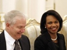Russia --  US Defense Secretary Robert Gates US State Secretary Condoleezza Rice meet with their Russian counterparts in Moscow, 18Mar2008