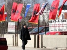 Kosovo -- Albanian, US and EU flags in Pristina, 15Feb2008