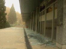 Tajikistan – Shattered windows of a building, caused by explosion in a government complex in Dushanbe, 14Nov2007