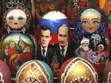 Russia -- Pictures of President Vladimir Putin and First Deputy Prime Minister Dmitry Medvedev adorn traditional matryoshka nesting dolls, Moscow, 15Jan2008