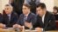 Андрей Гюров, Асен Василев и Кирил Петков по време на лидерската среща с ГЕРБ, проведена в парламента