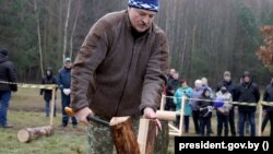 Лукашэнка на спаборніцтвах у сячэньні дроваў для журналістаў дзяржаўных СМІ