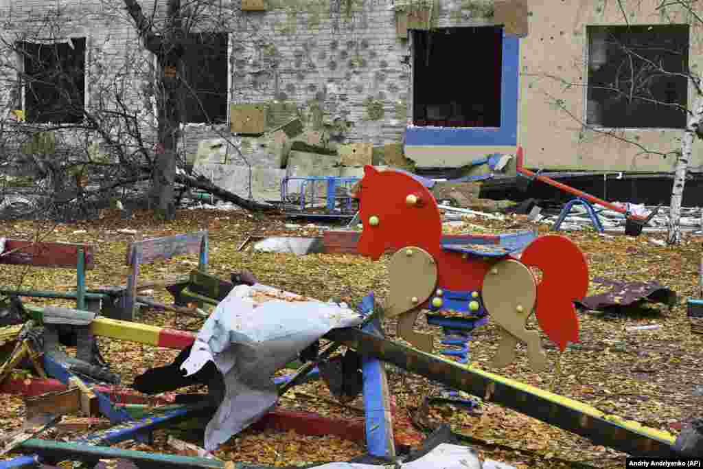 A destroyed schoolyard after Russian shelling is seen in Pokrovsk in Ukraine&#39;s eastern Donetsk region.