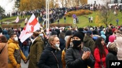 نمایی از تجمع روز یکشنبه در مینسک، پایتخت بلاروس