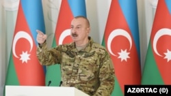 Azerbaijani President Ilham Aliyev speaks at an event in the Karabakh town of Susa (Shushi) on November 8, 2022.