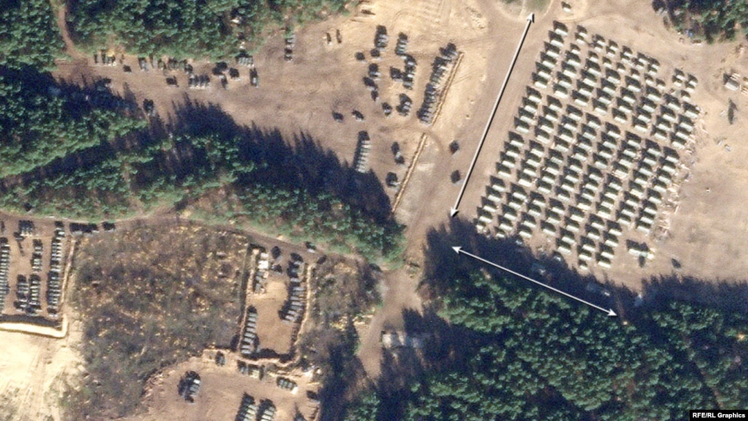 Satellite imagery obtained by RFE/RL shows Russia has set up more than 300 tents in three locations over the past month to temporarily house soldiers at three training grounds in Belarus, including 190 tents at Abuz-Lyasnouski.