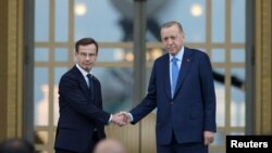 Премьер-министр Швеции Ульф Кристерссон (слева) с президентом Турции Реджепом Тайипом Эрдоганом 