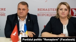 Alexandr Nesterovschi și Irina Lozovan, la o conferință de presă a Partidului „Renaștere”, afiliat lui Ilan Șor