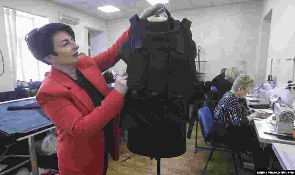 Ukrainian women making tactical vests in the port city of Odesa in March.