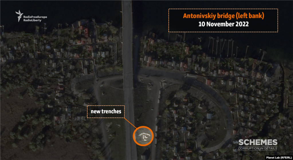 Another satellite image taken on November 10 shows the new Russian trench fortifications on the southern approach to the bridge, on the opposite side of the river from the city of Kherson itself.