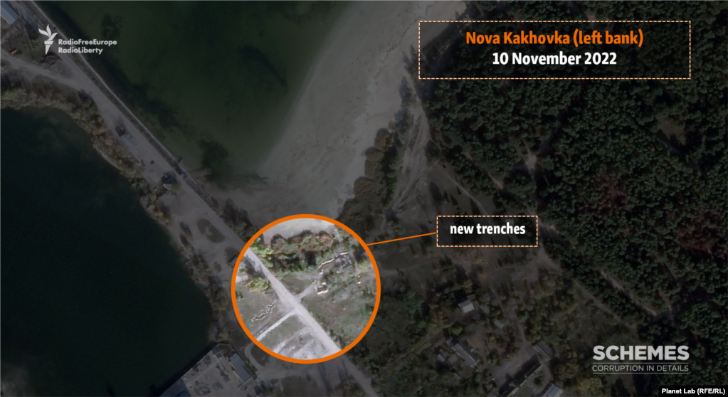 A satellite image taken on November 10 from the same location adjacent to the Nova Kakhovka dam, after Russian forces dug defensive fortifications. A day earlier, Russian Defense Minister Sergei Shoigu and the top Russian commander in charge of the Ukraine war, General Sergei Surovikin, announced a wholesale retreat from the west bank. On November 11, the Russian Defense Ministry announced that the withdrawal was completed, though that could not be immediately verified by RFE/RL.&nbsp; &nbsp; Between 20,000 and 30,000 Russian troops were estimated to have been on the west bank in recent weeks, U.S. General Mark Milley, the chairman of the U.S. Joint Chiefs of Staff, said this week.