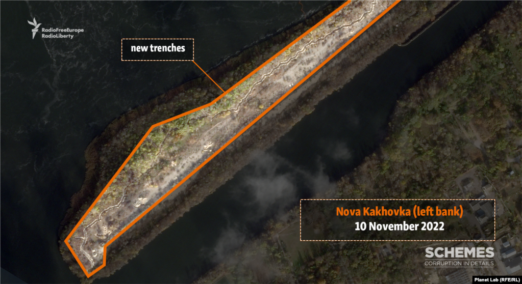 At Nova Kakhovka, the images show a snaking line of trenches immediately downriver from the concrete dam itself, on an island known as Kos. The trenches, estimated at about 2 kilometers in total, appear to have been dug sometime between October 9, when the most recent previous images were taken, and November 10.
