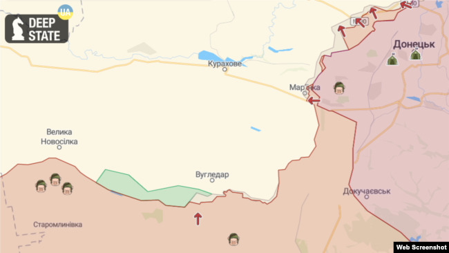 Мапа Deep State станом на 11.11.2022 року. Зеленим позначена звільнена територія, червона стрілка вказує напрям наступу росіян