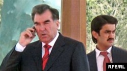 Emomali Rahmon (left) with his son, Rustami Emomali, in April