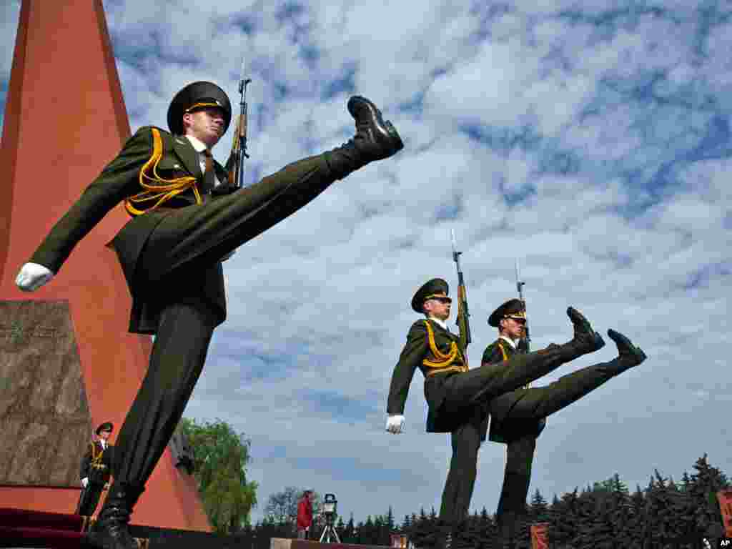 Moldovan soldiers march in front of the Victory Memorial in Chisinau, Moldova, on May 9, which is celebrated in former Soviet republics as Victory Day over Nazi Germany in World War II. Photo by John McConnico for AP