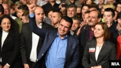 Macedonian Prime Minister Zoran Zaev (center), who has vowed to lead Macedonia to NATO and European Union membership