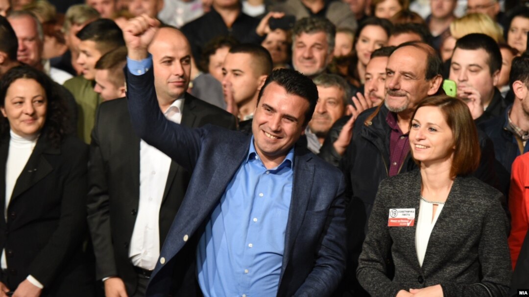 Macedonian Prime Minister Zoran Zaev (center), who has vowed to lead Macedonia to NATO and European Union membership