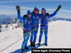 Nedu, Climb Again founder Miu, and Alex Benchea (left to right) on the summit of Mont Blanc in July 2020