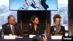 Iranian opposition figures (left to second right) Reza Pahlavi, Nazanin Bonyadi, and Masih Alinejad attended the Munich Security Conference instead of Iran's foreign minister.