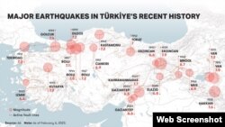 თურქეთის მედიის მიერ შედგენილ ამ რუკაზე ჩანს ბოლო საუკუნის განმავლობაში თურქეთში მომხდარი მძლავრი მიწისძვრები