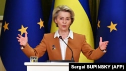 European Commission President Ursula von der Leyen speaks at a press conference in Kyiv on February 2.