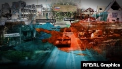 (колаж). Зруйнована Олександрівка на Херсонщині, мапа півдня України, спалені танки