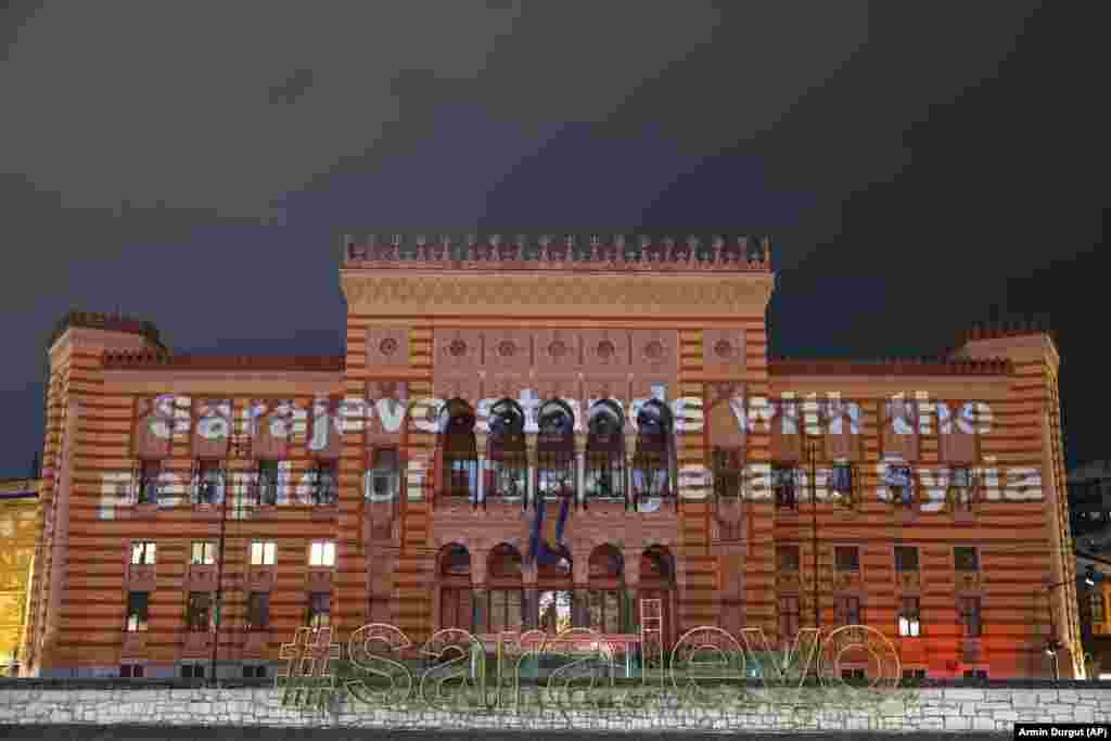 The phrase &quot;Sarajevo stands with the people of Turkey and Syria&quot; is projected on the National Library building in in Sarajevo after a devastating earthquake leveled parts of those two countries on February 6, killing thousands.