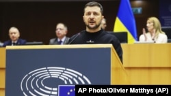 Ukrainian President Volodymyr Zelenskiy addresses the European Parliament in Brussels on February 9. 