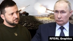 Владимир Зеленский и Владимир Путин на фоне военных действий. Коллаж