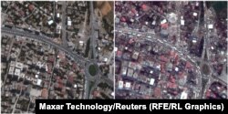 Pogled na turski grad Nurdagi prije (6. rujna 2022.) i nakon potresa (7. veljače 2023.)