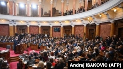 Serbian President Aleksandar Vucic addresses a special session to inform legislators about the latest negotiating process with Kosovo at the National Assembly building in Belgrade on February 2.