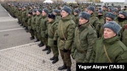 Russian conscripts line up at an assembly station in Kazan following Russian President Vladimir Putin's announcement of a partial military mobilization in September. 