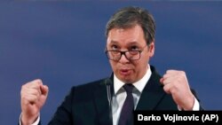 Președintele sîrb Aleksandar Vucic la o conferință la Belgrad, 17 martie 2019