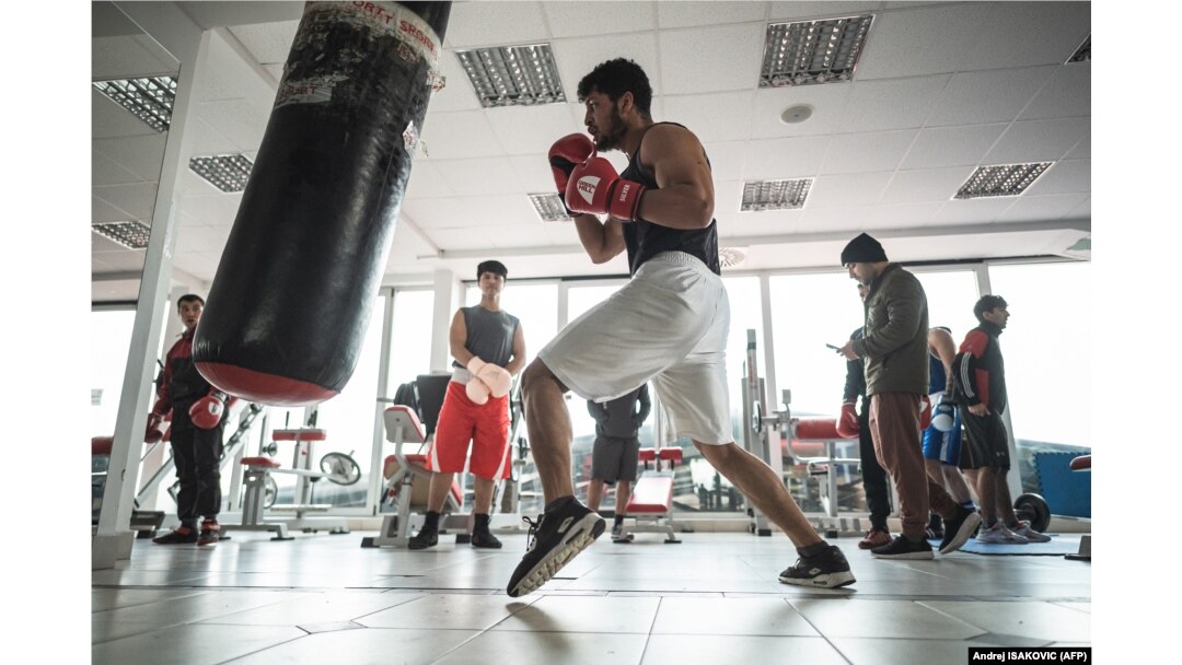 Afghan boxers train at a gym on the outskirts of Belgrade on November 26.