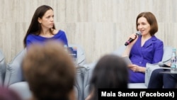 Președinta R. Moldova, Maia Sandu (dreapta), și partenera președintelui României, Mirabela Grădinaru, la un eveniment privind siguranța tinerilor în online și dependența de social media, Chișinău, 3 septembrie 2026