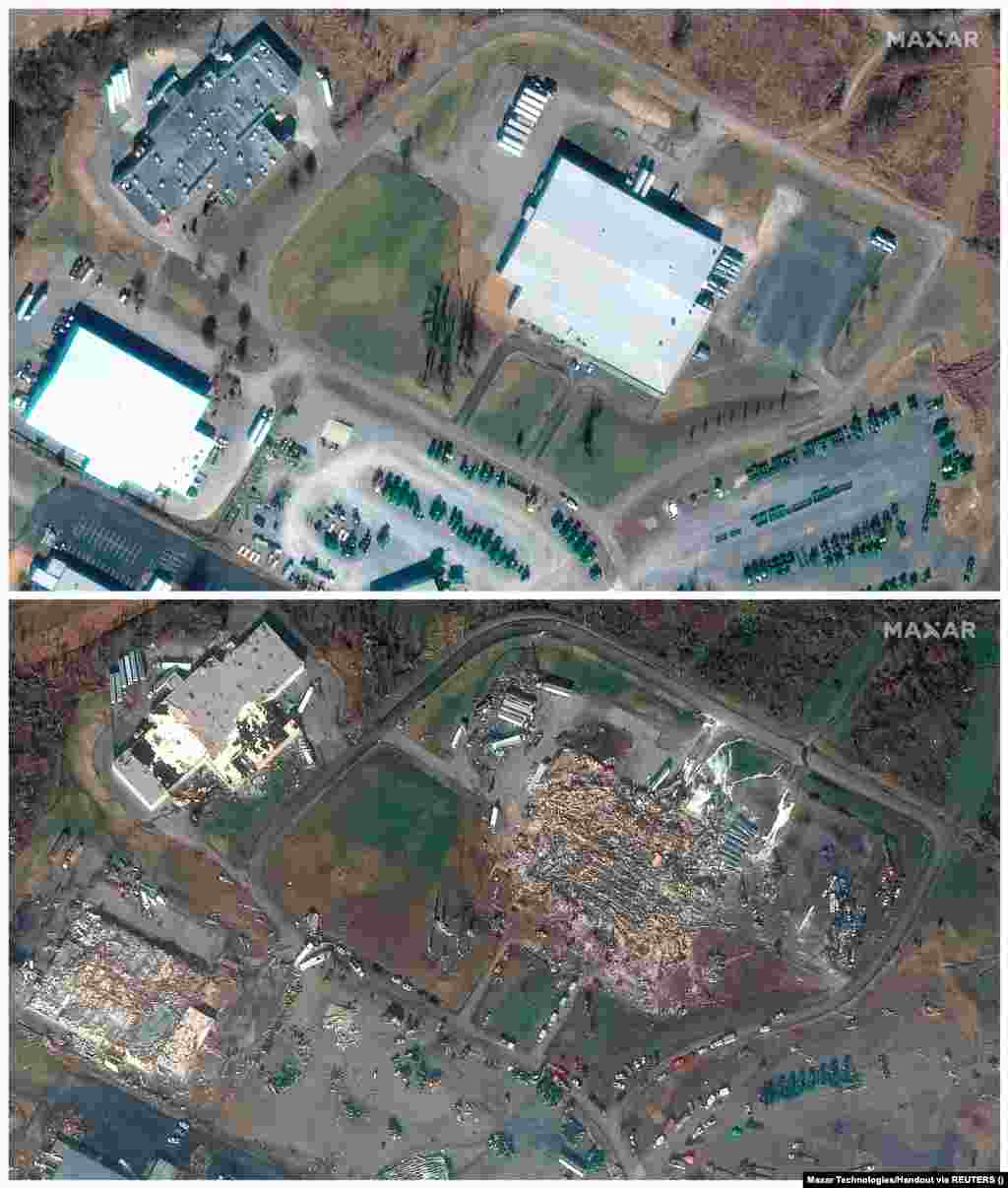 Műholdfelvételeken a mayfieldi gyertyagyár a tornádó pusztítása előtt és után