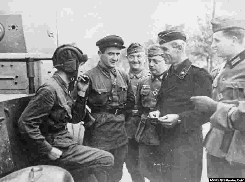 Soviet and German troops in the captured town of Brest, where they staged a joint victory parade on September 22, 1939