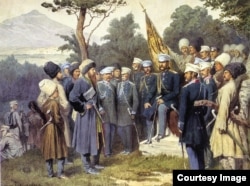 Імам Шаміль перад расейскім князем, галоўнакамандуючым князем Барацінскім, 25 жніўня 1859 года