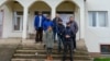 Ethnic Serbs hold a picket on the steps of an office for Serb self-government in the southern Kosovar village of Verboc earlier this month. 