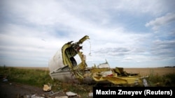 A part of the wreckage is seen at the crash site of the Malaysia Airlines flight MH17 near the village of Hrabove in the Donetsk region of eastern Ukraine on July 21, 2014. 