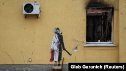 Banksy has confirmed that he painted this mural in Hostomel and six others in places that were hit by heavy fighting after Russia invaded Ukraine in late February. (file photo)