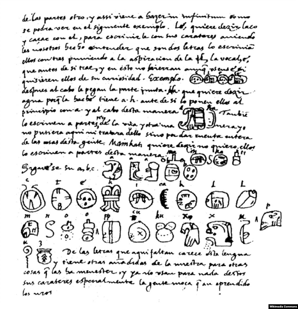 Stranica iz knjige Diega de Landa o poslovima Jukatana, koju je napisao oko 1566. godine i koja je odigrala ključnu ulogu u razbijanju koda Maja.