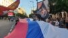 SERBIA BELGRADE Serbian-Russian flag at the protest against EuroPride