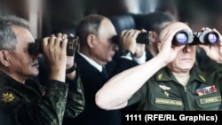 Слева направо: министр обороны России Сергей Шойгу, президент России Владимир Путин и командующий сухопутными войсками Олег Салюков 